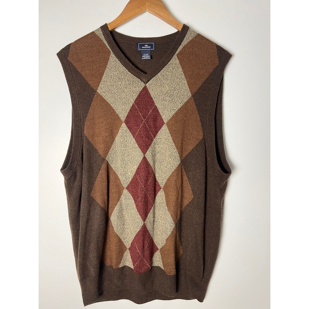 Dockers Sweater Vest XL Brown Argyle V-Neck Knit Preppy Collegiate Academia Y2K